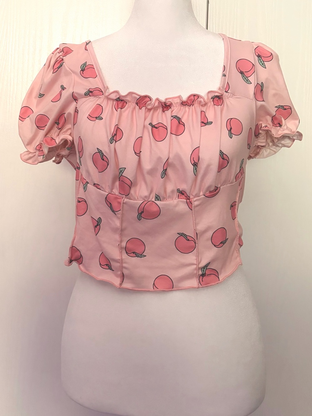 SHEIN Pink Peach-Print Puff Sleeve Crop Top
